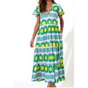 OLIPHANT Tuckernuck Women's Tiered Maxi Dress 100% Cotton Ikat Green Size XL